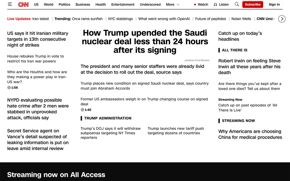 CNN homepage with Text Mode enabled