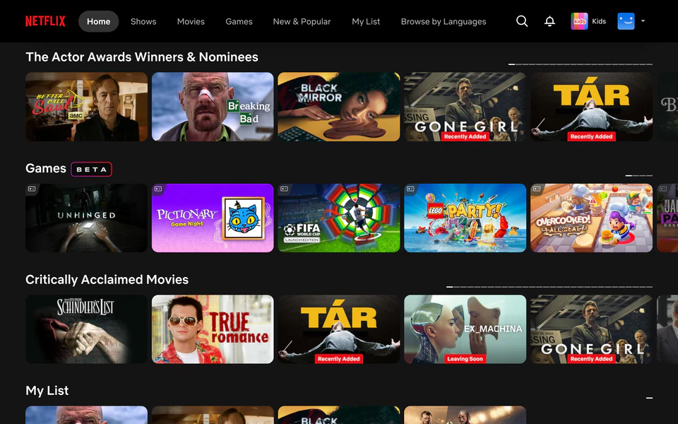 Netflix homepage