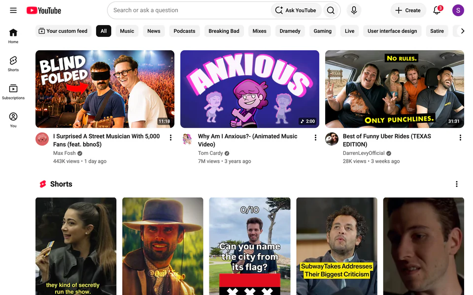 YouTube homepage